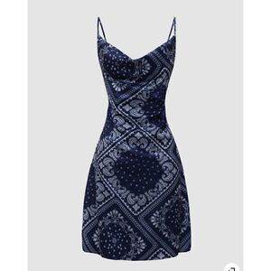 CIDER blue bandana paisley cowl neck cami bodycon mini dress size XS